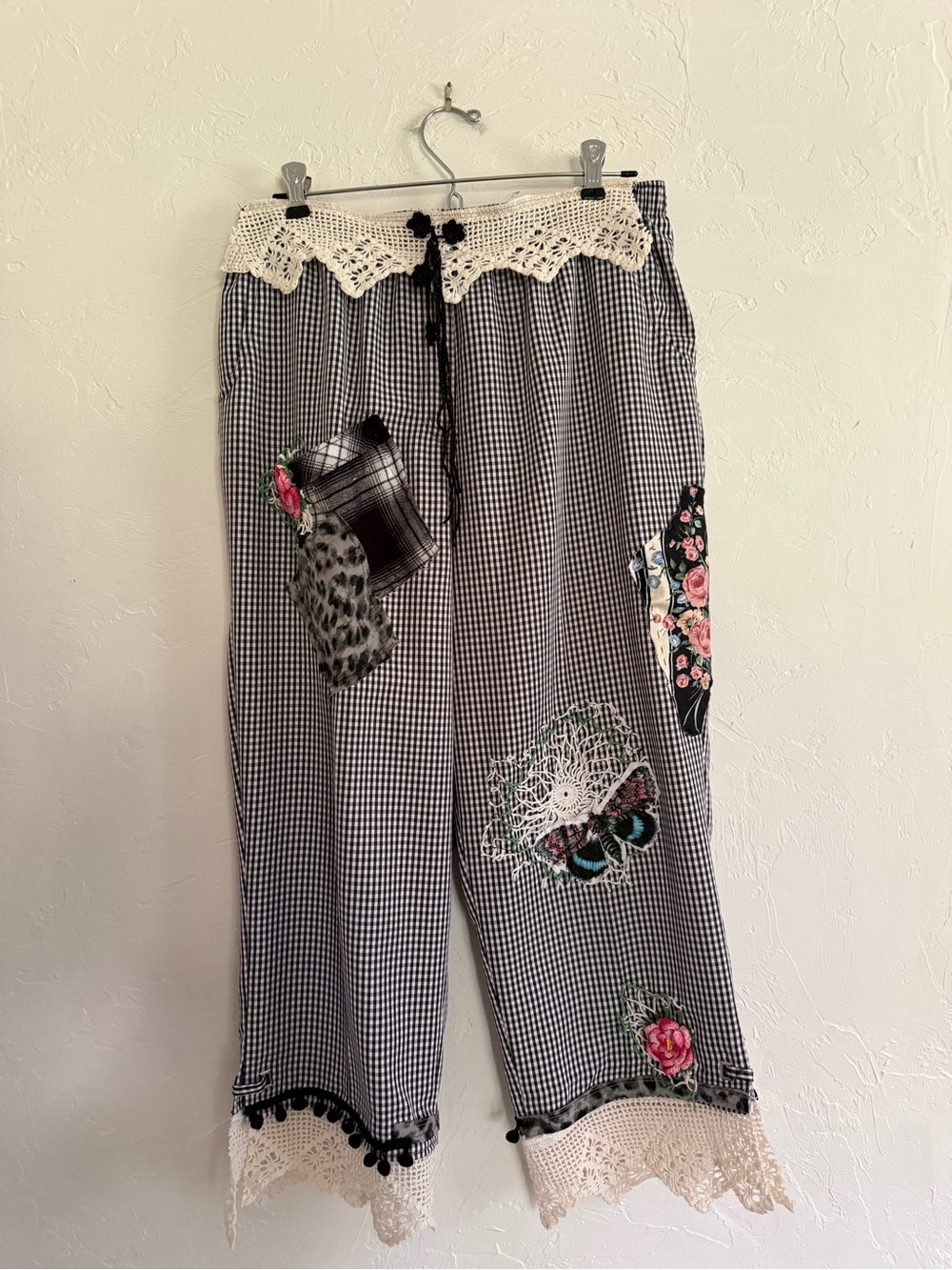 Black Checkered Patchwork Pants Size 14 - Picture 3 of 14